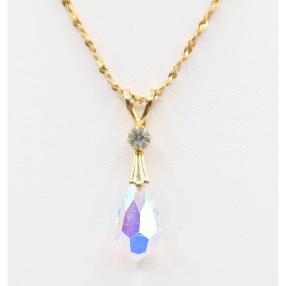 Gold Tone Aurora Borealis AB Faceted Crystal Drop Pendant Necklace 18" Unsigned - Picture 4 of 7